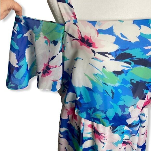 Nine West Midi Dress Tropical Floral Cold Shoulder Flutter Sleeve Womens Size 12 - Picture 8 of 10